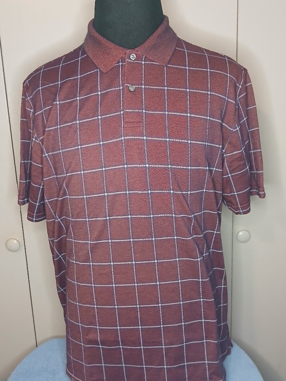 Arrow Men's XL/TG Burgundy Plaid Grid Pattern Cotto Golf Polo (1146B2)